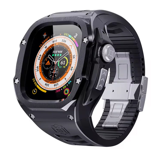 SHELLBOX - KREW Rugged Support Wireless Charging Shockproof 316 Stainless Steel Watch Ultra Case For Apple With Soft Silicon Watchband